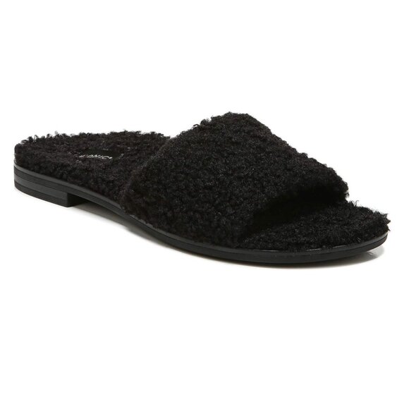 VIONIC Demi Slide Sandals Black Curly Shearling Faux Fur Size 6.5 - Picture 1 of 5
